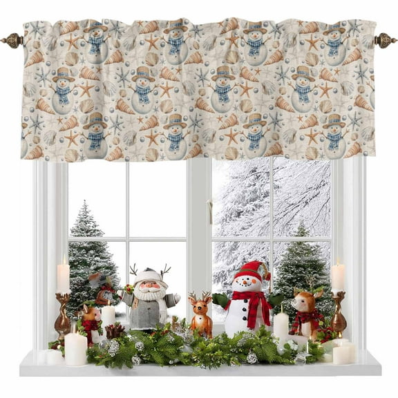 Christmas Snowman Valances for Windows, 42 x 18in, Starfish Shell Coral Beige Linen Rod Pocket Kitchen Valance Curtain Light Filtering Window Treatments for Living Room Bedroom, 1 Panel