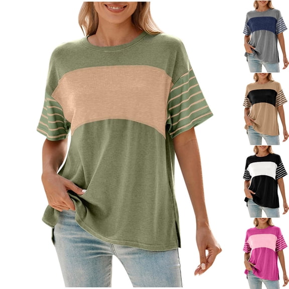 Swuxness Women Short Sleeve Casual T Shirts, Spring and Summer Tops, Ladies Crew Neck Print Comfortable Fashion Loose Pullover Blouse Khaki, XXL