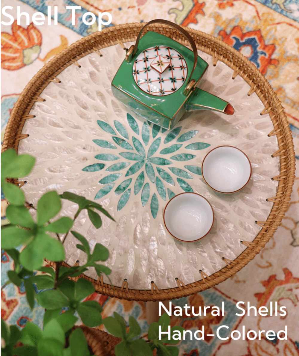 MEHOOM 16"Round End Table for Living Room, Handmade Rattan Shell Wooden Side Table, Small End Table Farmhouse Small Coffee Table, Round End Table Home Decor for Bedroom Small Spaces Corner