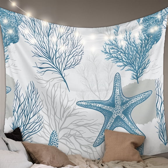 Coastal Starfish Tapestry for Bedroom Wall Hanging Tapestry, 0cean Nautical Coral Seagrass Nature Ceiling Backdrop Tapestries Poster Blanket Wall Decor for Teens Room Living Room Dorm 39" x 59"