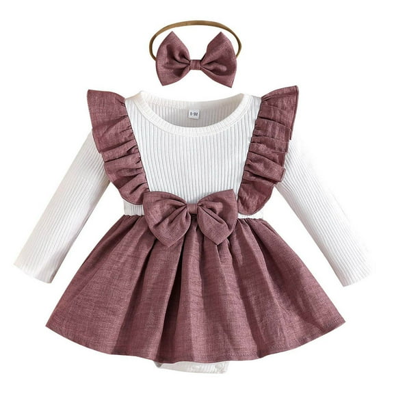 LIUJUNSHOP Baby Girl Fall Outfit Patchwork Ruffle Ribbed Long Sleeve Romper Dress Bow Headband 2 Piece Cute Set White 3-6 Months