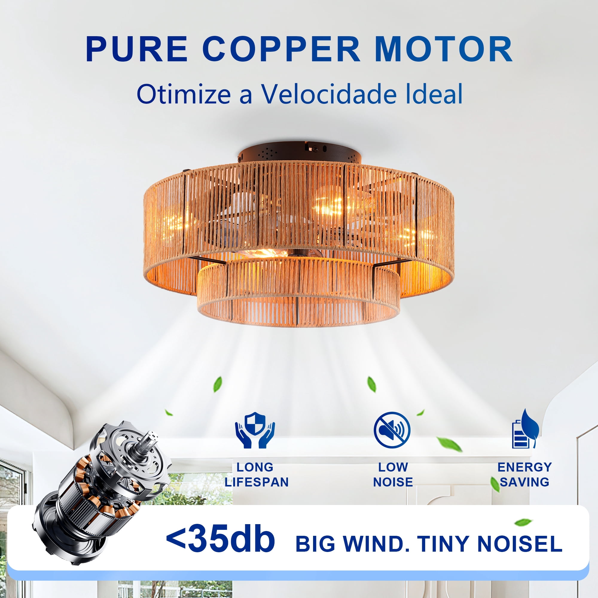 Leumius 20" Double Tier Rope Caged Ceiling Fan with Light and Remote Control, Low Profile Chandelier 6 Speed DC Motor Reversible Ceiling Fan for Living Room Bedroom (NOT Included Bulbs)