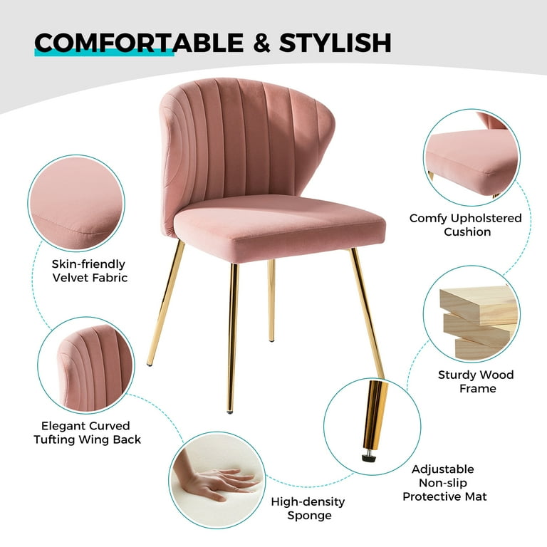 Modern Wingback Accent Chair Home Velvet Dining Chairs Makeup Vanity Gold Metal Legs Pink