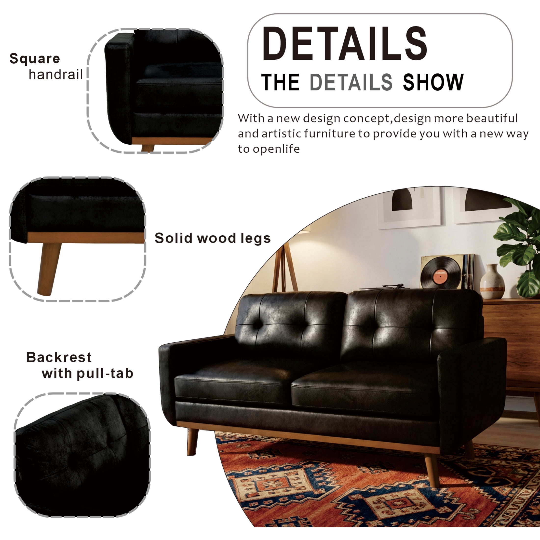 Noble House 65" Mid-Century Modern Loveseat Sofa, Breathable Foil Fabric Upholstery, Black
