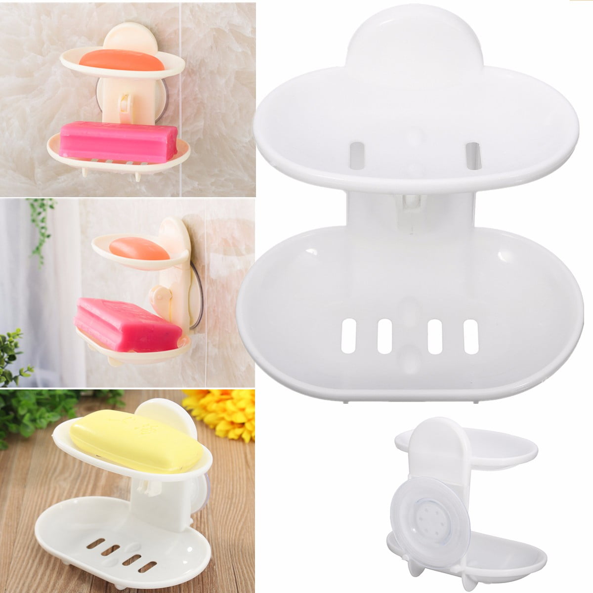 Suction Wall Mount Stick Soap Dish Holder Bathroom Shower Cup Basket Tray Bath
