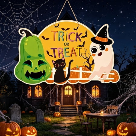 Halloween Door Hanger – 11.8 Inch Paper Hanging Sign with Pumpkin Ghost & Bat Designs for Front Door Decor