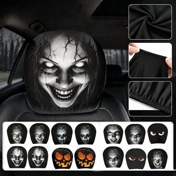 2 Pack Ghost Face Headrest Covers for Cars, Universal Spooky Halloween Auto Interior Decor, Funny Cartoon Creepy Car Head Rest Protector Case for Vehicle Truck SUV(A)