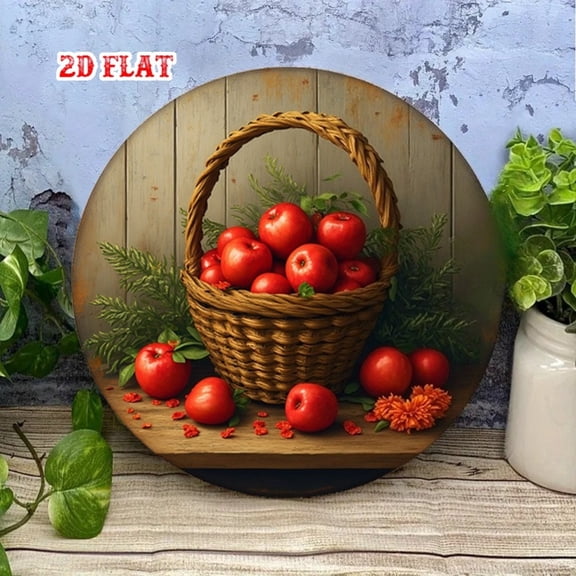 HELLOYOUNG 2D Flat Rustic Red Apple Metal Wall Art, 7.8x7.8 Inch Round Aluminum Sign for Farmhouse Kitchen Cafe Wall Decor
