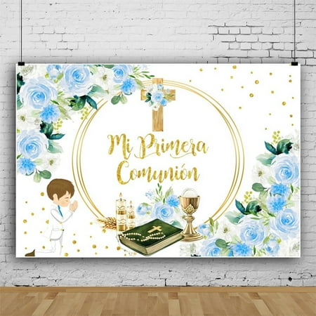 SUNOLIFE Mi Bautizo Baptism Baby Backdrop Banner First Holy Communion Christening God Bless Background 8x6ft