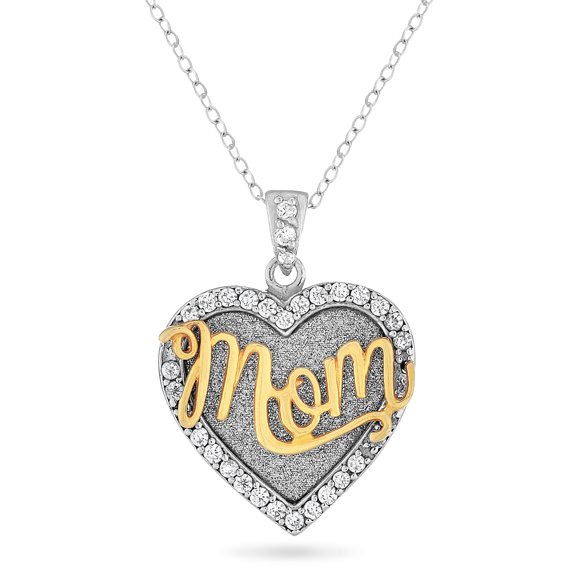 Sterling Silver and Gold Plated White Cubic Zirconia Glitter Heart MOM Necklace 18 Inches