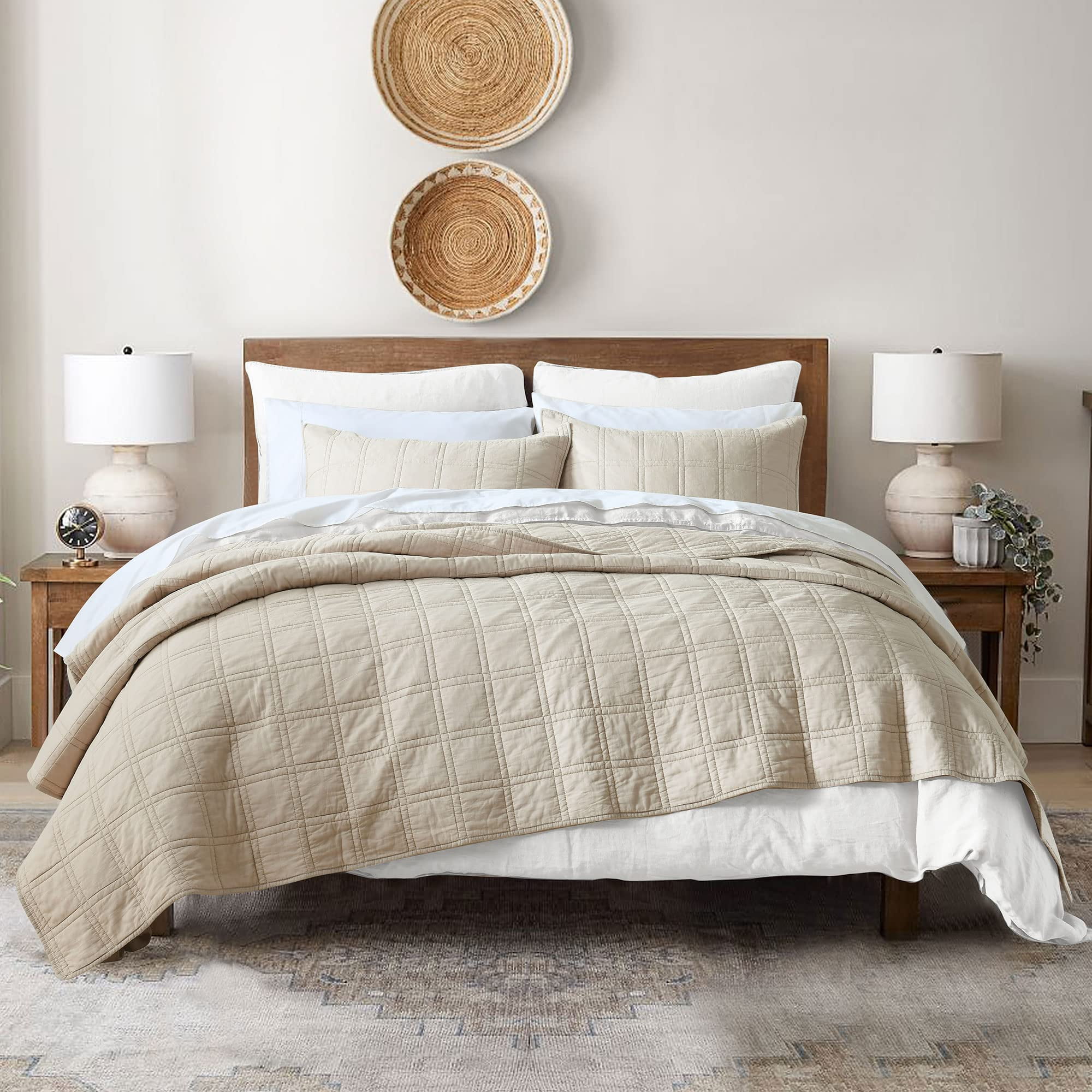 100 cotton Quilt Twin Size Beige Bedspread Pre Washed 2 Piece cozy Lightweight Stitching Decorative Bedding cover coverlet Set with 1 Sham in geometric Pattern Rustic Style for All Season Walmart