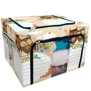 PKQWTM Lined Space Cute Owls Spring Birds Love Bright Flowers Storage Bag Clear Window Storage Bins Boxes Large Capacity Foldable Stackable Organizer With Steel Metal Frame For Clothes,Closets