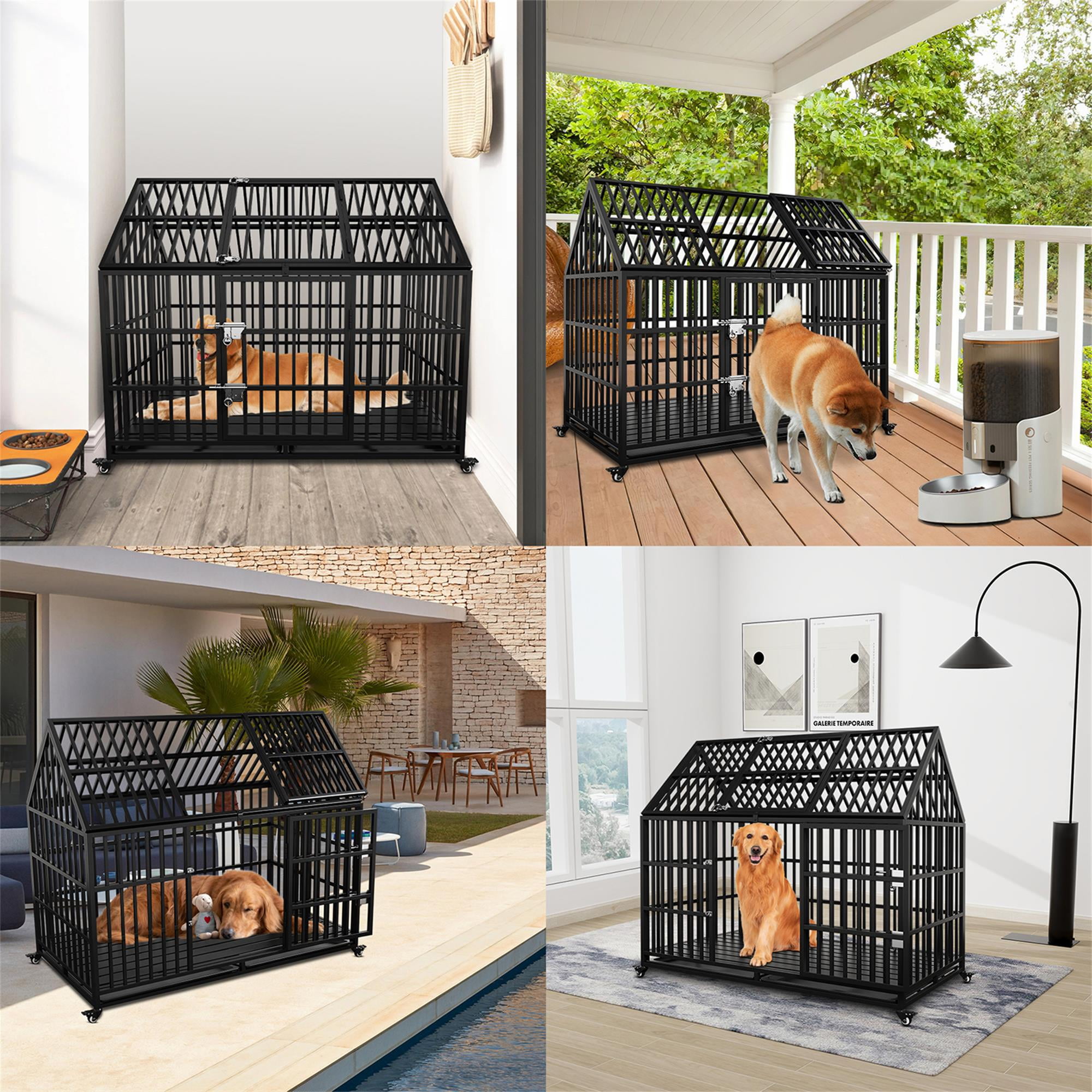 Pefilos 54 Large Dog Cage for Indoor Heavy Duty Metal Dog Crate Kennel with 4 Universal Wheels Openable Pointed Top and Front Door Black Walmart