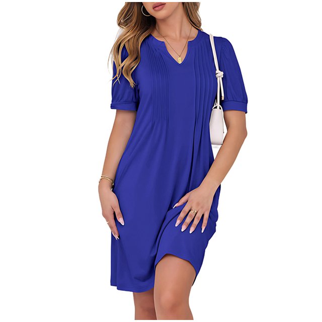 Robes Mini d'Été pour Femmes Manches Courtes Bouffantes Décontractées Col en V Printemps Plissé T-Shirt Tunique Plage Robe Courte G