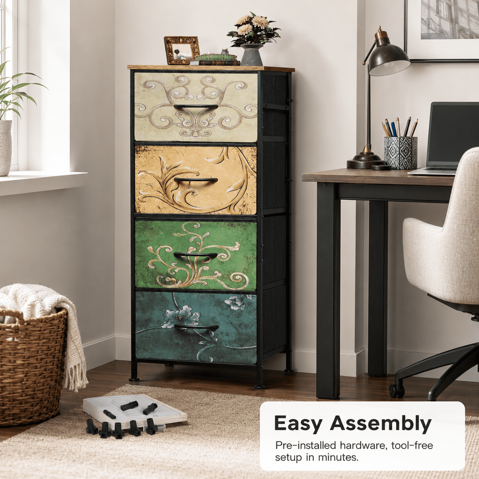 Alvantor 4/5/7/8/9-Drawer Dresser, Fabric Storage Tower for Bedroom, Hallway, Entryway, Closet, Tall Chest Organizer Unit with Fabric Bins, Steel Frame, Wood Top, Easy Pull Handle, Floral Painted