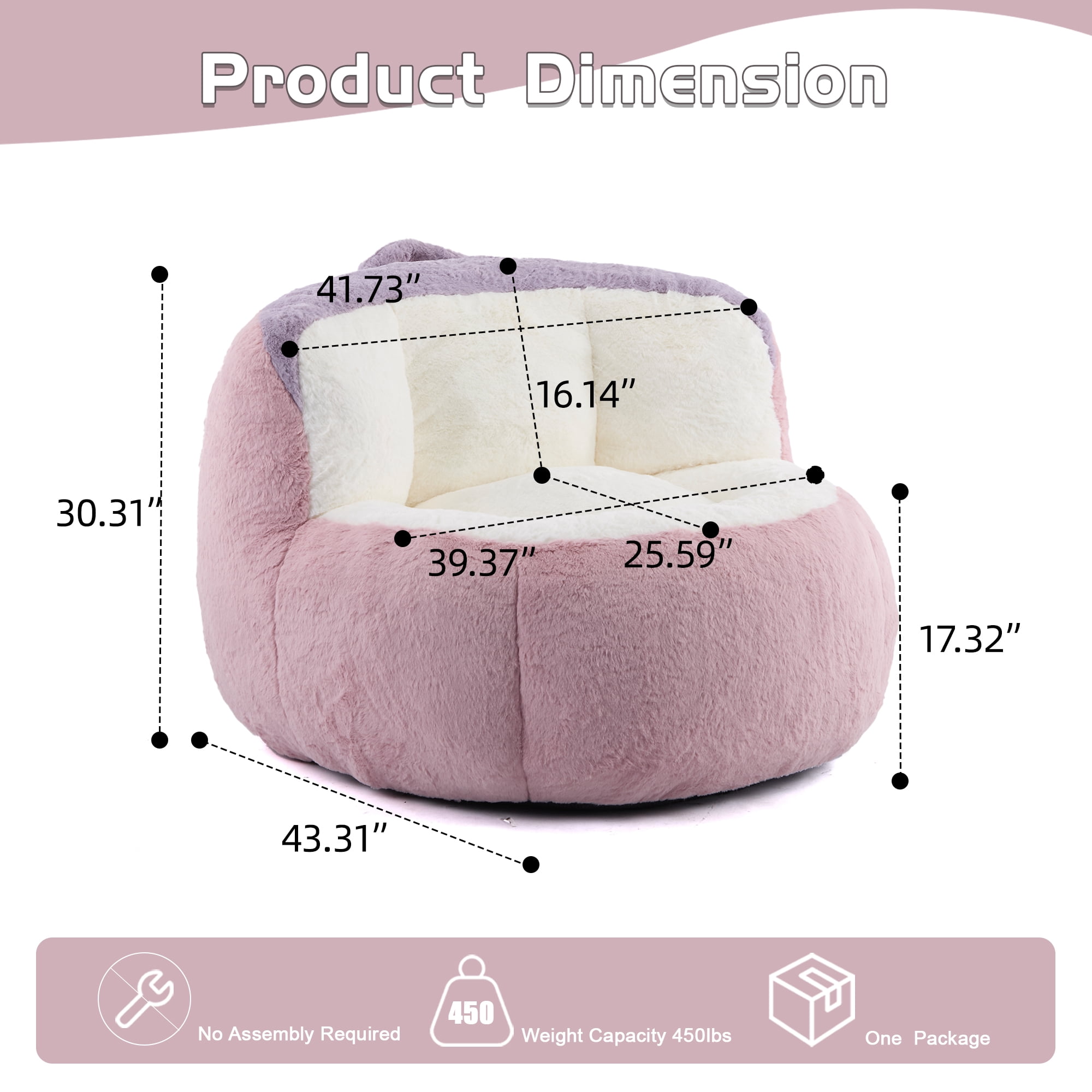 Oversized Bean Bag Chairs, Multicolor Faux Fur Couch Filled with Shredded Sponge, Large Lounger Sofa For Living Room, No Assembly Required, Pink+White+Purple