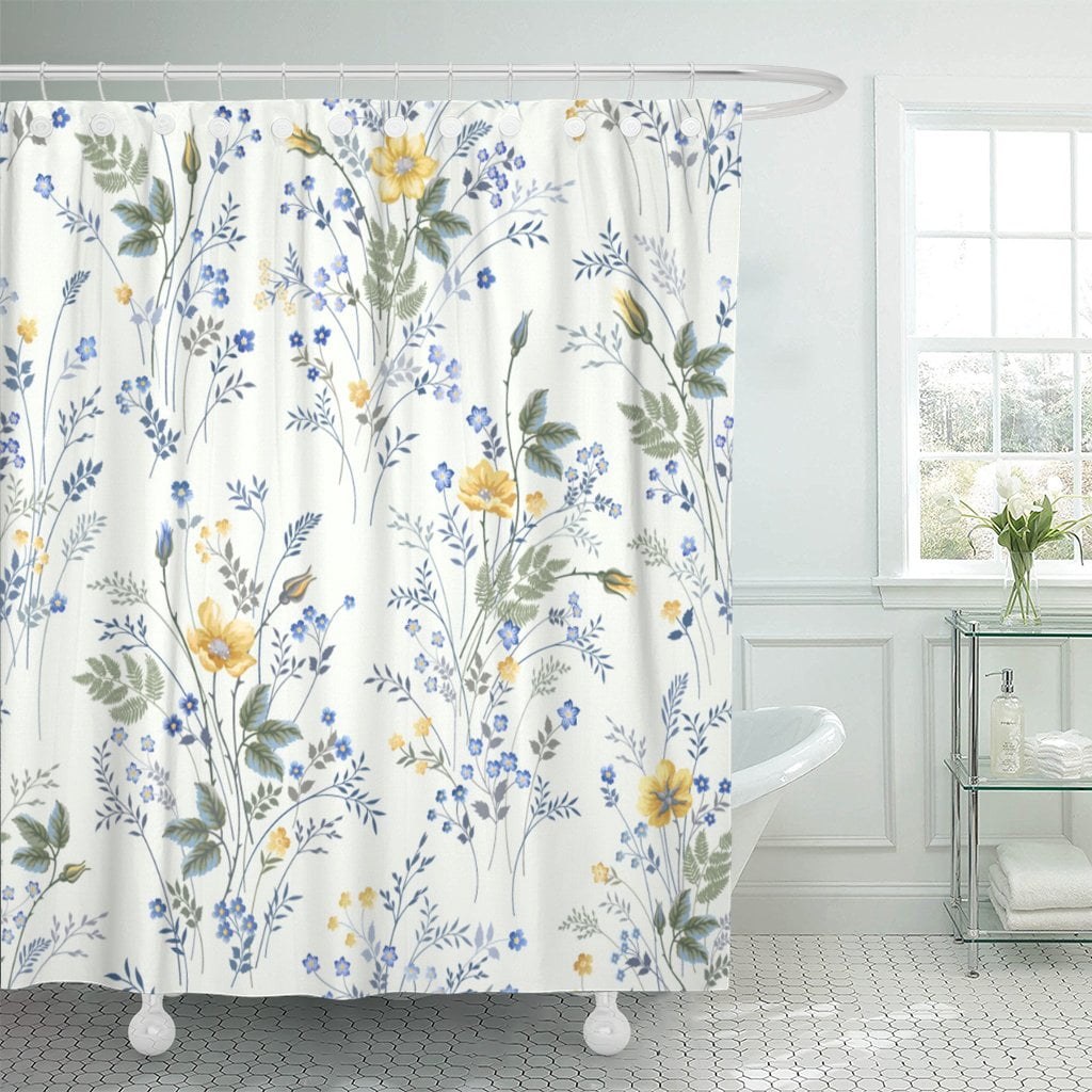 Pknmt Blue Flower Fl Pattern Roses, Blue Yellow Grey Shower Curtain