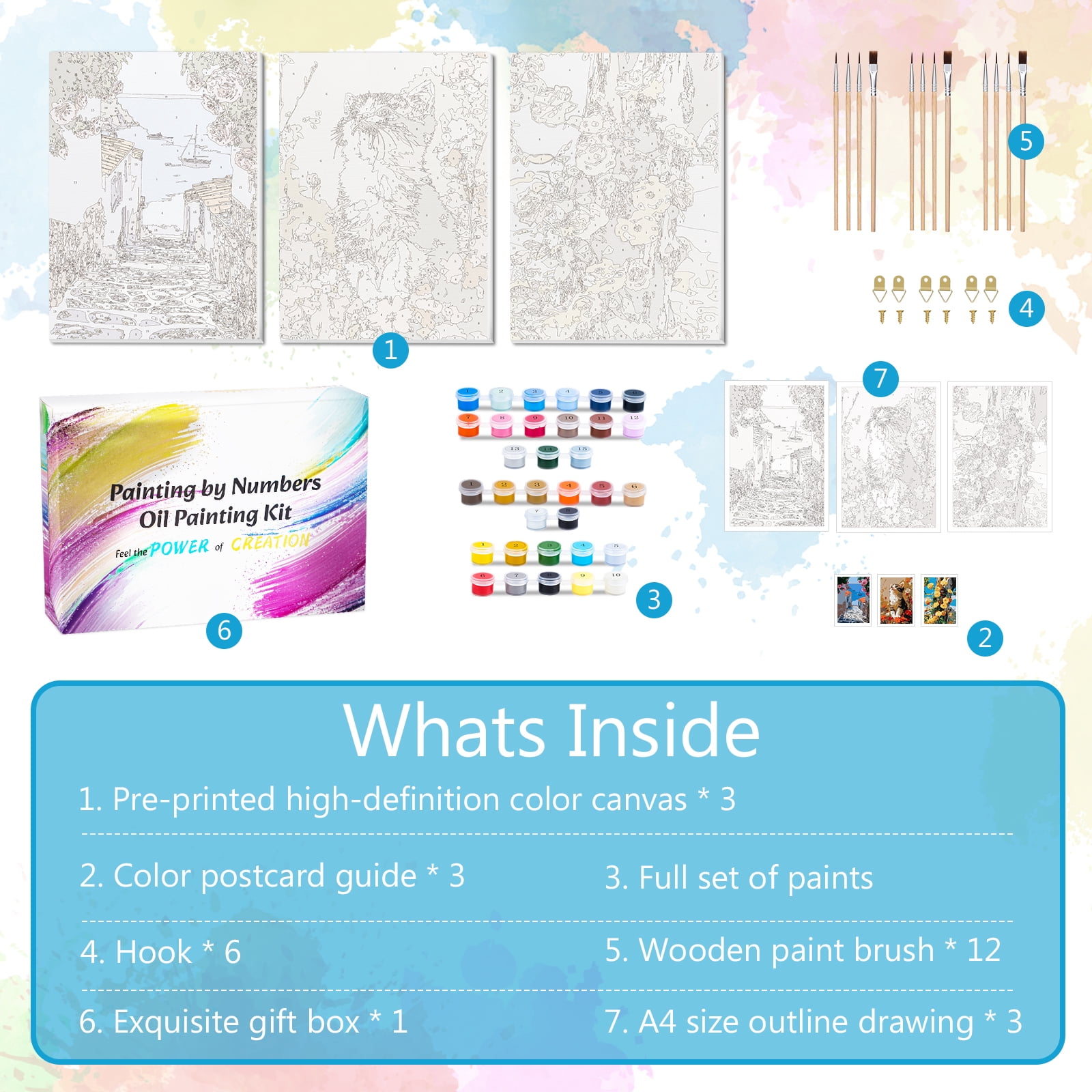 LIZEVINC 3 Pack Paint by Numbers Kit for Adults Beginners with Wooden Frame,DIY Paint by Numbers Acrylic Paint Canvas for Home Wall Decor (8x12in)