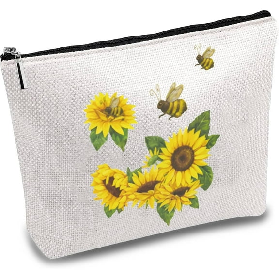 Sunflower Canvas Makeup Bags Cosmetic Bag Multi Purpose Pen Case with Metal Zipper Bee Large Toiletry Travel Bag Purse Pouches