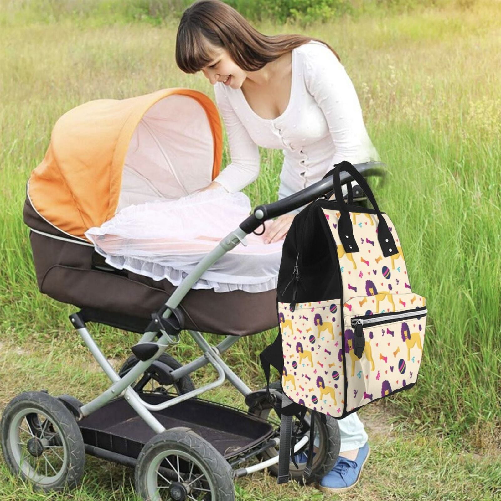 Fuzoiu Cartoon Poodle Dog Print Diaper Bag Backpack,Baby Essentials Travel Tote,Multi function Waterproof Diaper Bag, Travel Essentials Baby Bag - Unisex