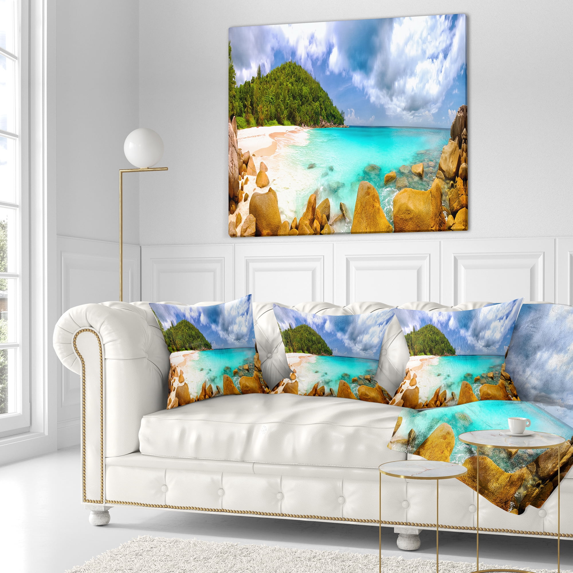 Designart Seychelles Beach Panorama - Seascape Photography Throw Pillow - 16x16