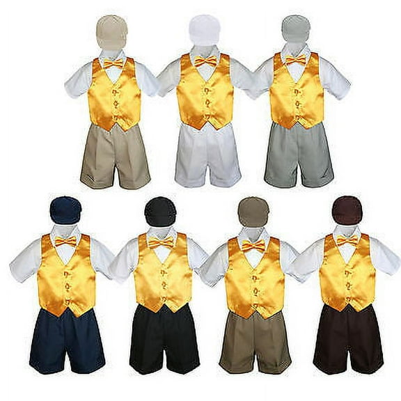 Boy Toddler Formal Yellow Vest Bow Tie Navy Black Gray Brown Khaki Hat 5pc S-4T