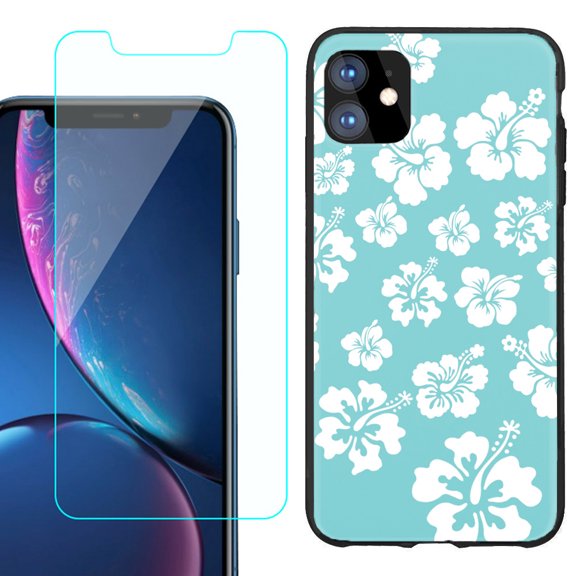 For Apple iPhone 11 Phone Case , Slim-Fit TPU Protective Case (Black), with Tempered Glass Screen Protector, by OneToughShield ® - Hibiscus Teal