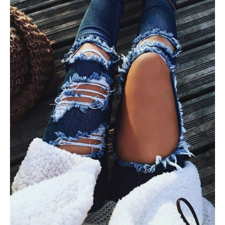 Women Hole Destroyed Ripped Distressed Slim Denim Pants Boyfriend Jeans Trousers