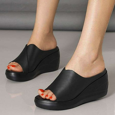 

Cathalem Women Wedge Slippers Heel Flip-Flop Fish Sandal Shoes Middle Summer Fashion Sandals Mouth Cow Print Sandals for Women Black 7.5