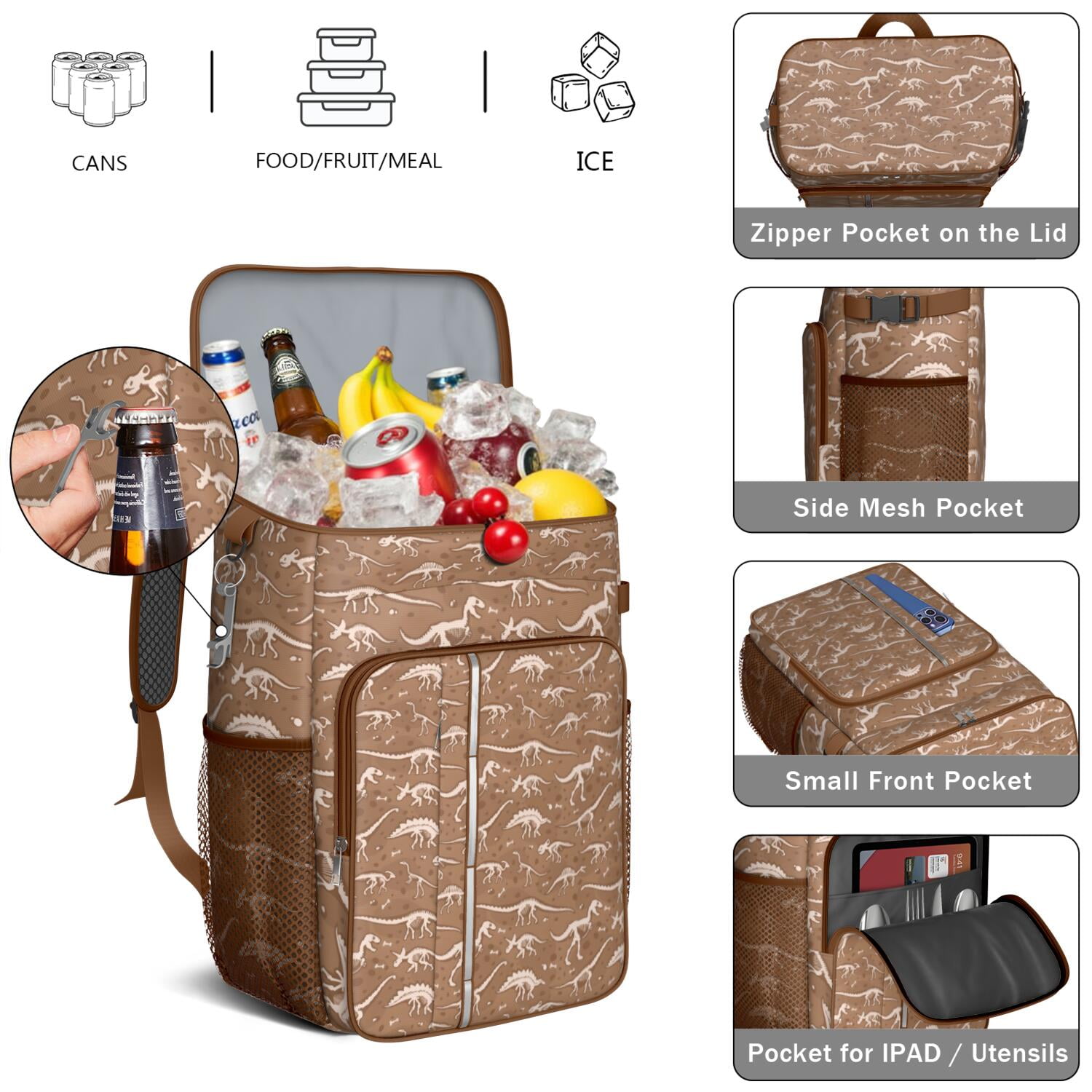 Travel Cooler Bag - Brown White Dinosaurs Fossils Pattern Camping Beer Cooler Backpack with Bottle Opener- Waterproof Insulated Picnic Backpacks - Cooler Bag for Beach