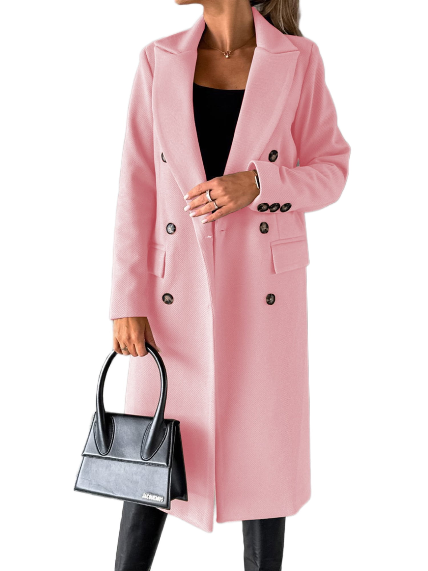 Capreze Double-breasted Coat Solid Color Outwear Lfor Women V Neck Jacket  Autumn Woolen Overcoats Pink L 