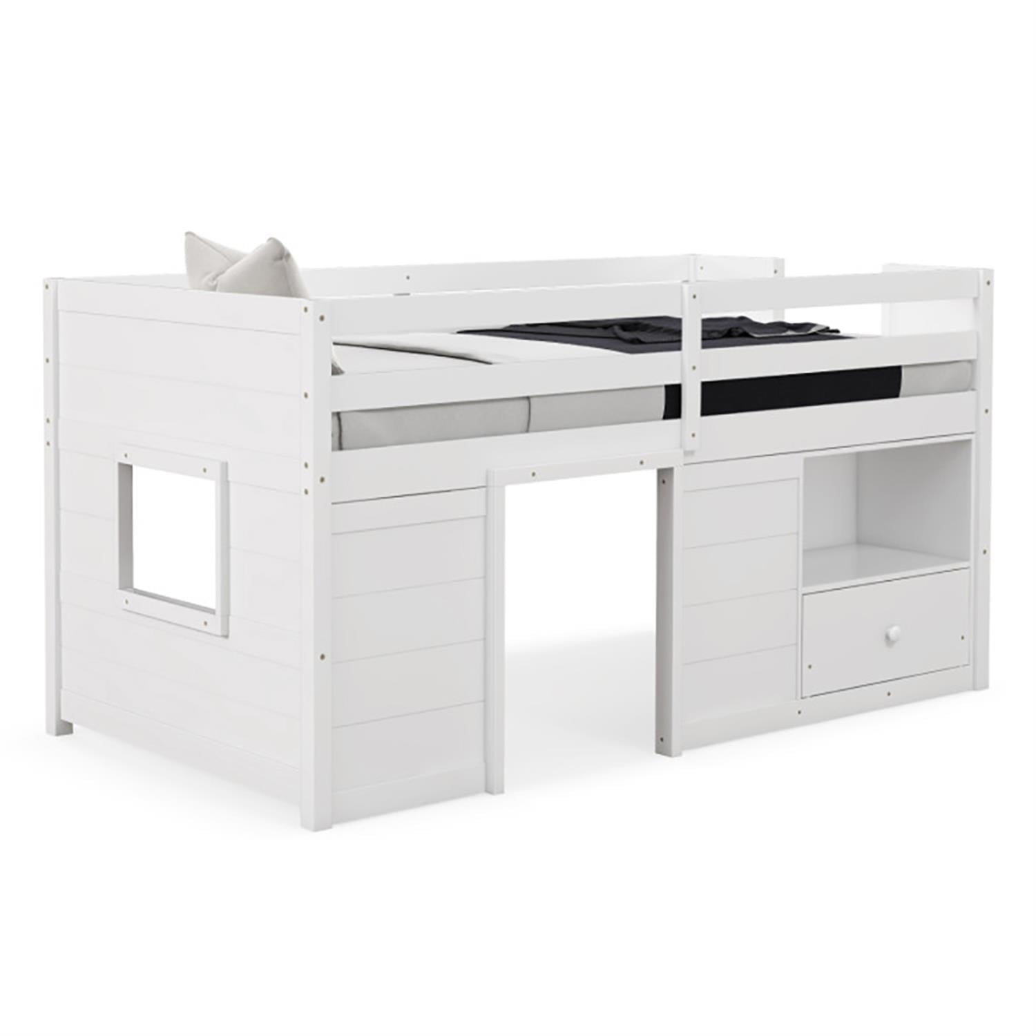 Demi Bonn Twin Size Solid Wood Low Loft Bed with Storage and Drawer for Teens, White