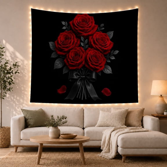 Red Rose Bouquet on Black Background, Romantic Gothic Style for Flower Lovers, Floral Wall Art, Valentine's Day Gift, Tapestry Wall Hanging for Bedroom, Living Room and Dorm