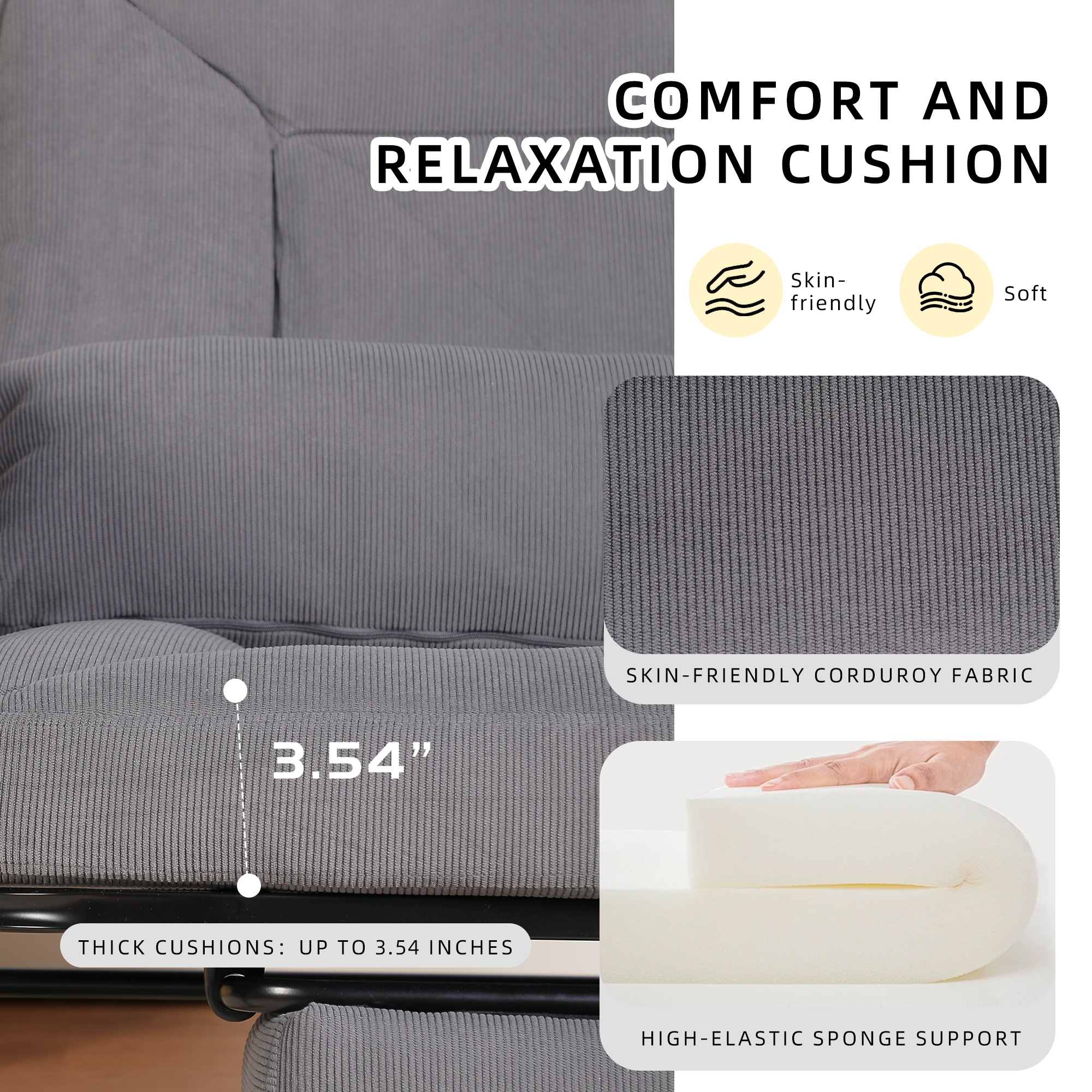 Hforesty Oversized Rocking Chair with Footrest ,Rocker Glider with Metal Farm,Wooden Bottom and Adjustable Backrest for Indoor Use: Balcony, Living Room or Bedroom.(corduroy)GREY