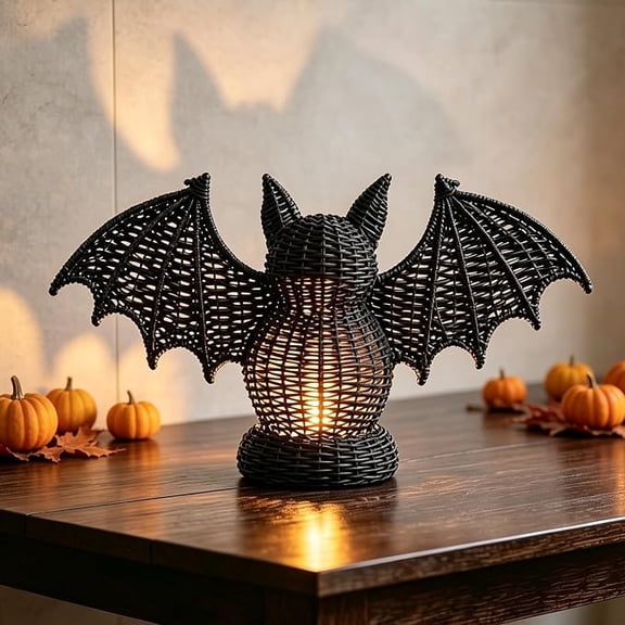 Halloween Wicker Bat Light, 10.2 Inch Rattan Bat Lantern Desktop Decor, Bohemian Tabletop Candle Holder for Living Room Mantel Party Halloween Decor