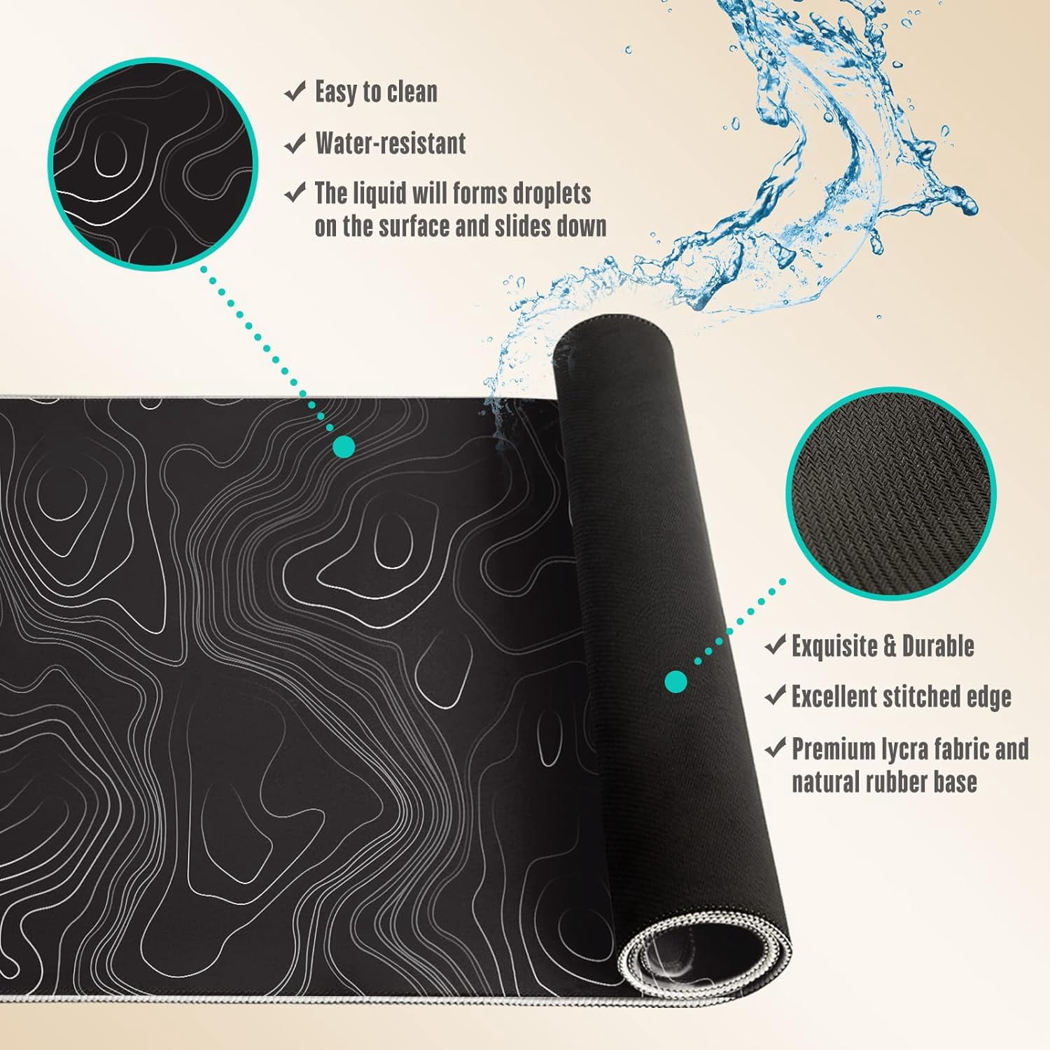 Topographic Map Large Mouse Pad XL Gaming Mouse Pad Extended Geographic Mousepad with Stitched Edges Keyboard Mouse Mat 3mm for Home Office 31.5 x 11.8 Inch, Black Map
