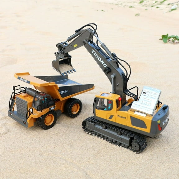 Remote Control Excavator, Remote Control Construction Toys Vehicle with Metal Bed and Light/Music, Birthday Gifts for Boys Girls Age 3  Year Old