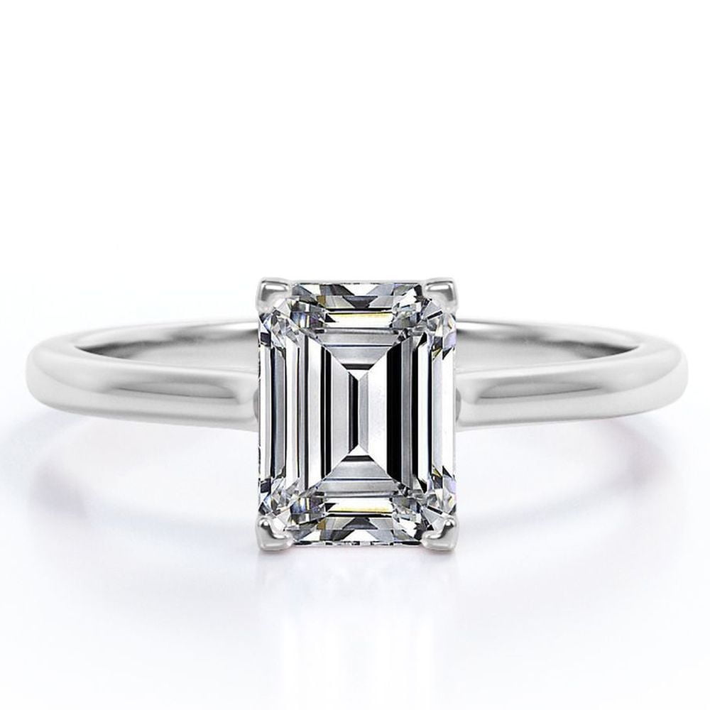 JeenMata Minimalist - 1 Carat Emerald Cut - Solitaire Prong Setting Ring - 18K White Gold Plating over Silver