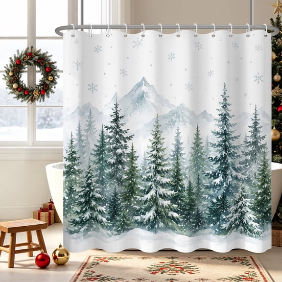 Duangreer White Christmas Shower Curtain with 12 Hooks, Winter Pine Forest Snowflake Waterproof Curtain for Bathroom, 72x72 Inches