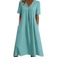 thumbnail image 2 of Danhjin Women's Summer Short Sleeve Linen Flowy V Neck Dress Casual Loose A-Line Midi Long Beach With Hem Dress Vacation Outfits Wrinkle-Free, 2 of 6