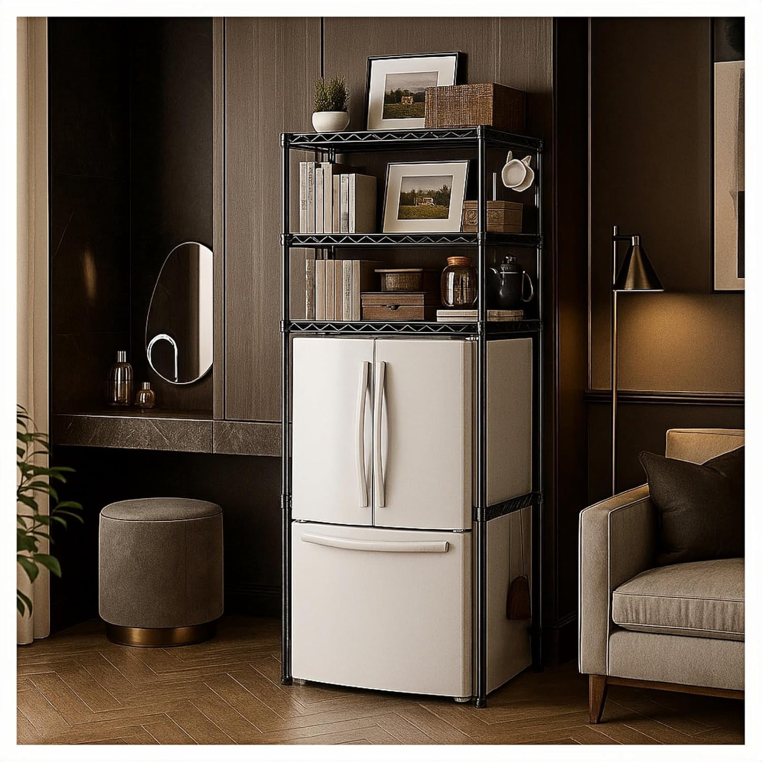 Dorm Mini Fridge Stand with Storage, Over Fridge Shelf for Microwave, Multi-Functional, Black