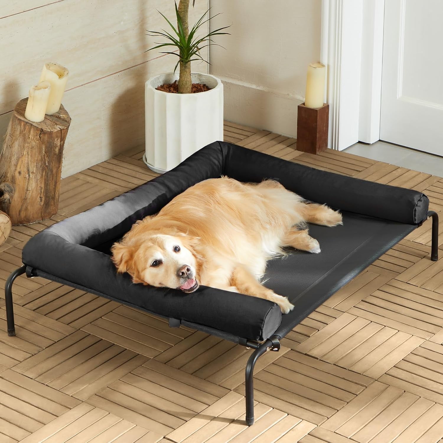 Cooling Elevated Dog Bed for Large Dogs – Waterproof Raised Dog Cot with Slope Headrest, Breathable Teslin Mesh, Durable & Portable Pet Bed for Indoor and Outdoor Use, Brown