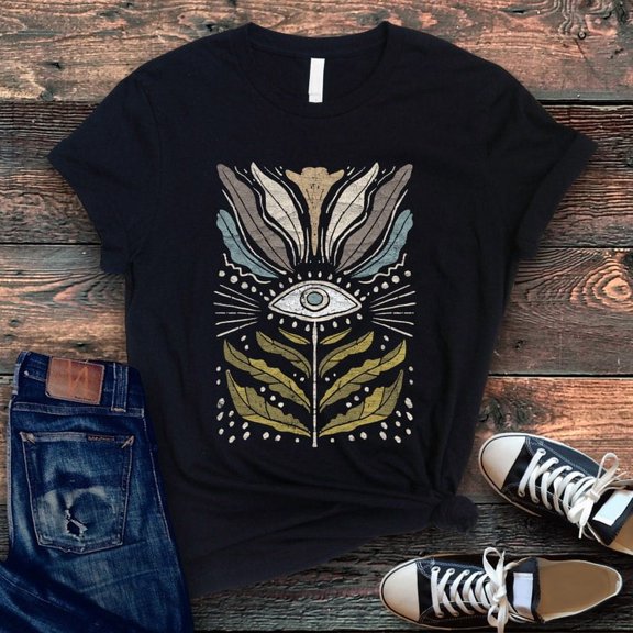Velto Evil Eye Boho Celestial Moon Sun Planet Astrology Graphic T-Shirt Mystical Design, Full Size S-5XL