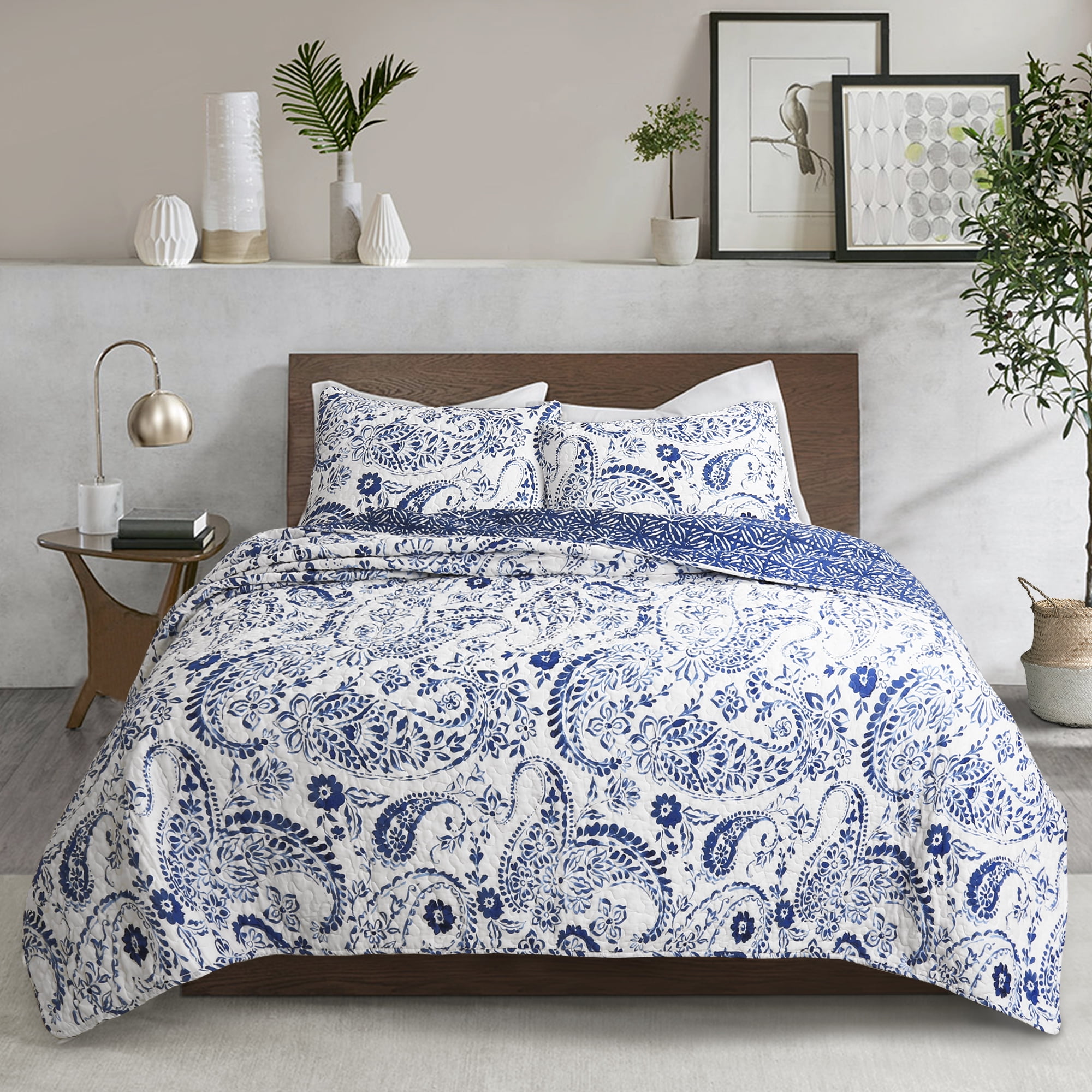 Lush Decor Erindale Paisley Cotton Reversible Quilt, King, Navy/Blue, 3