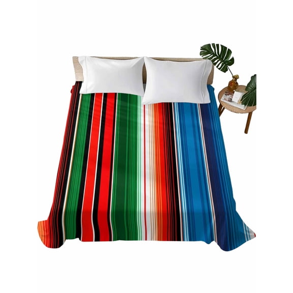 Twin XL Flat Sheet 66"x102", Mexican Serape Soft Lightweight Bedding Flat Sheets Only, Colorful Stripes Vertical Lines Abstract Brushed Microfiber Top Bed Sheet, Breathable StainResistant Bedsheets