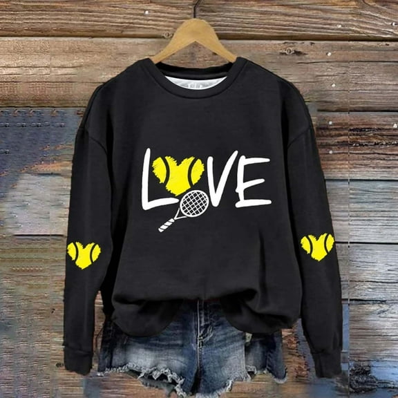 Baqcunre Womens Hoodies Women's Love Tennis Casual Hoodie Long Sleeve Sweatshirts Soft Printed Shirts Women's Winter Sweatshirt Tops Crewneck Sweatshirts Plus Size Tops Black L