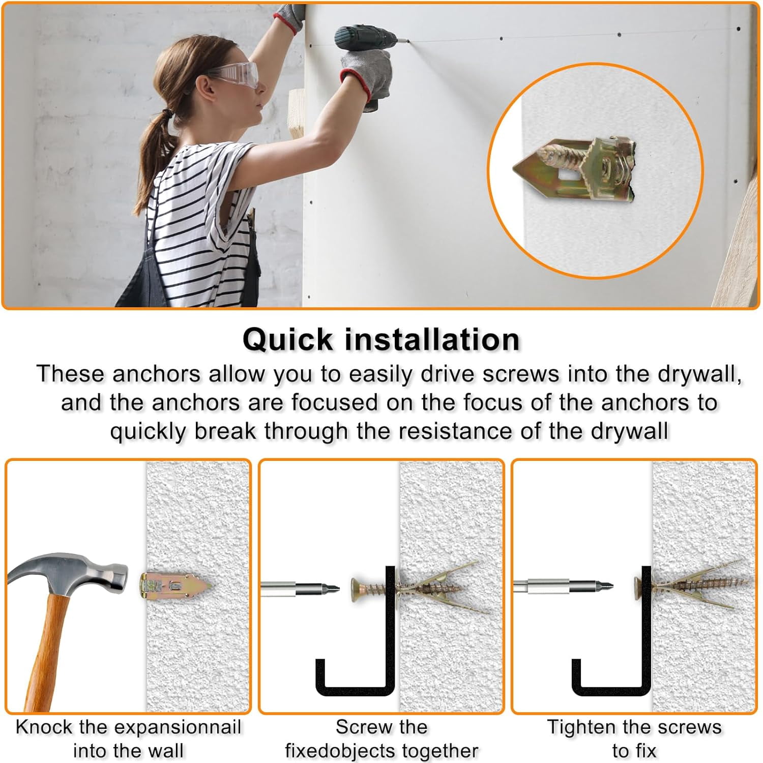 200 Pcs Self-Drilling Drywall Anchors with Screws,Easy to use, no Need to re-Drill The Wall, kit Includes 100 Gypsum Board Anchors (0.47x1.18 inches) and 100 zinc Expansion Screws.