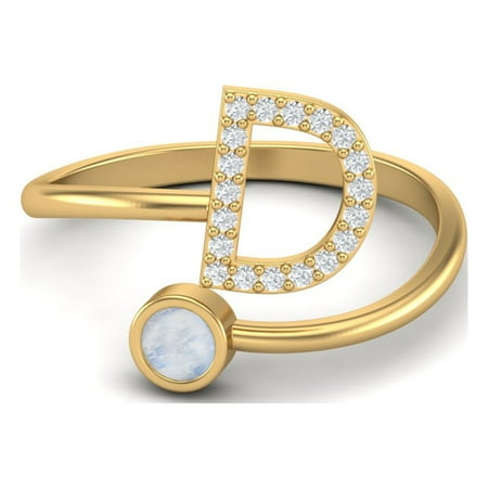 Capital D Initial Letter Moonstone Women Adjustable Front Open Valentines Day Gifts Ring 925 Sterling Silver Gold Vermeil