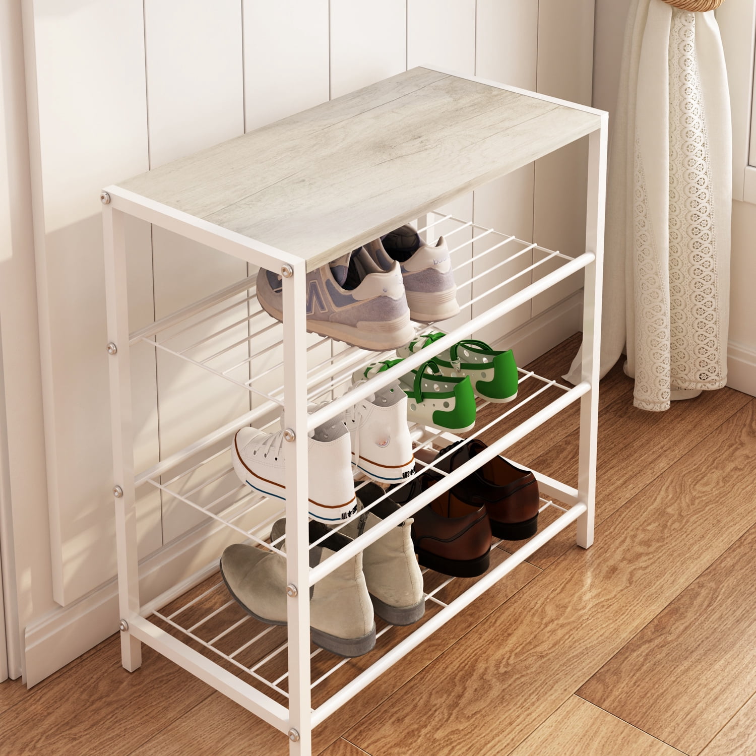 LENLN Metal Shoe rack with wood top, practical storage rack, multifunctional storage rack, Shoe Rack Organizer with Storage Shelves and Spacious Top，suitable for entrance hall, living room, bedroom,