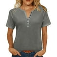 thumbnail image 2 of CLOISE Short Sleeve T Shirts for Women Plus Size Tops Button Crewneck Casual Pullover Solid Color Loose Summer Blouses Gray, 2 of 8